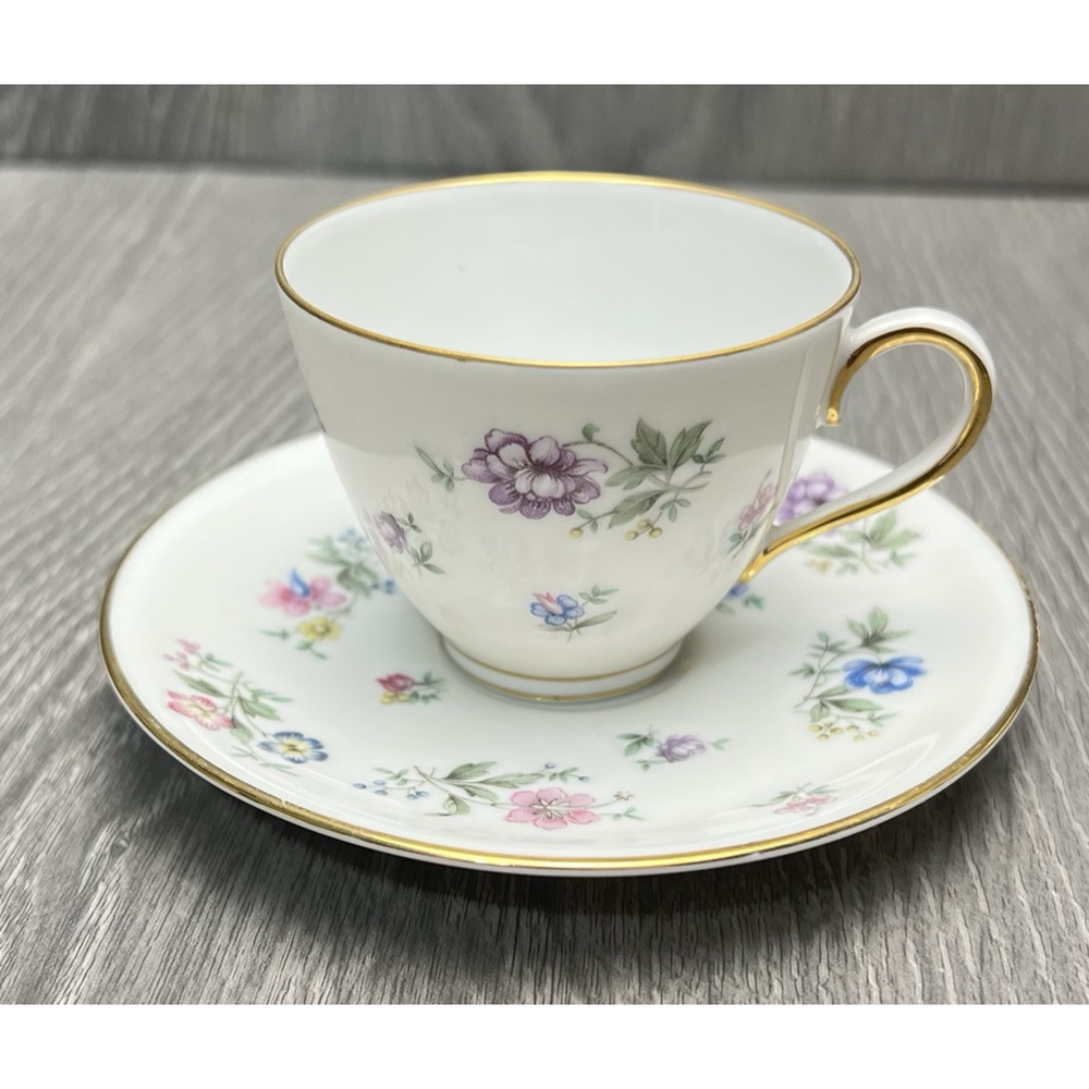 Franconia Fleurettes Selb Bavaria Tea Cup & Saucer Set Colorful Floral Gold Trim